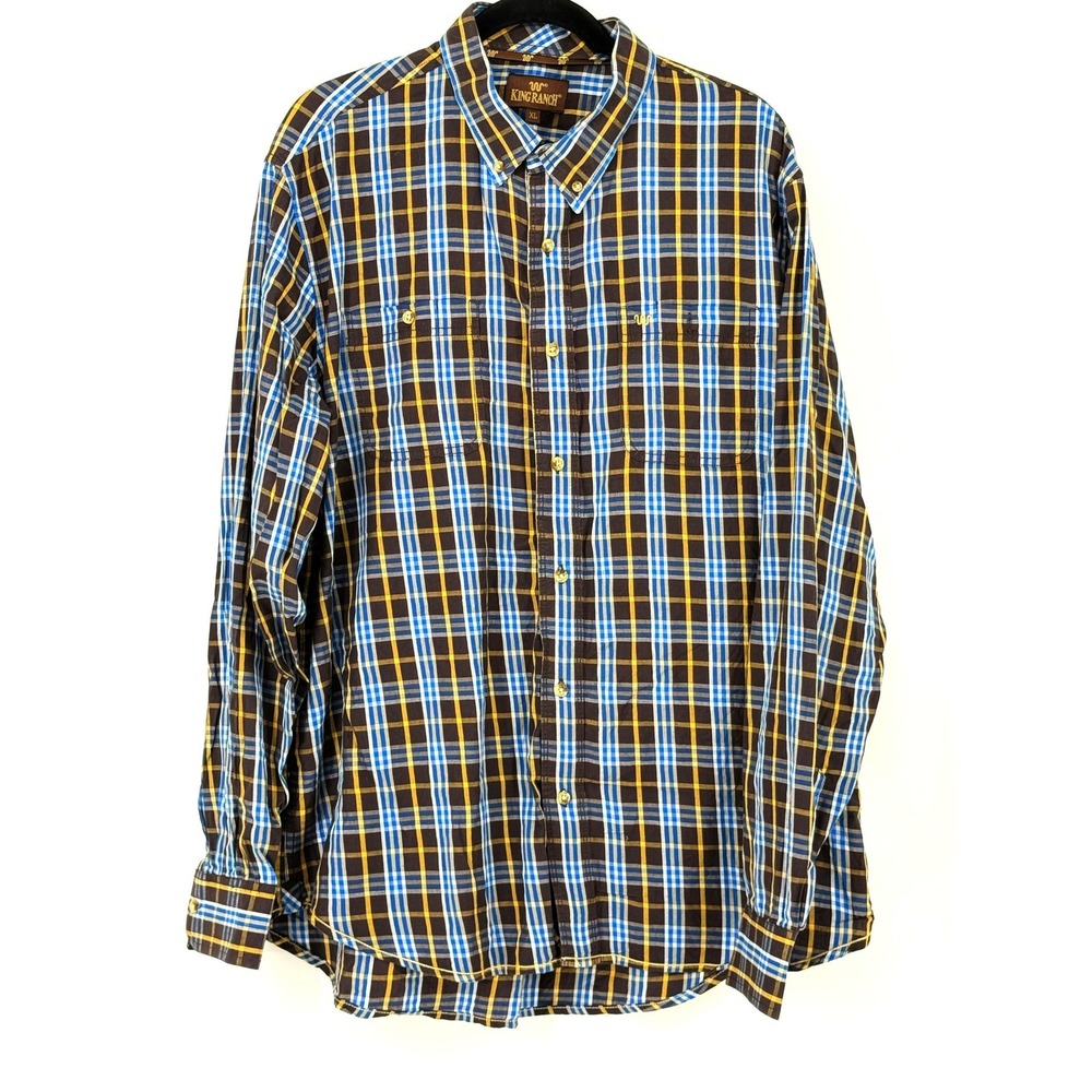 King Ranch Mens Western Plaid Button Shirt Brown Long Sleeve Cotton XL Cowboy TX